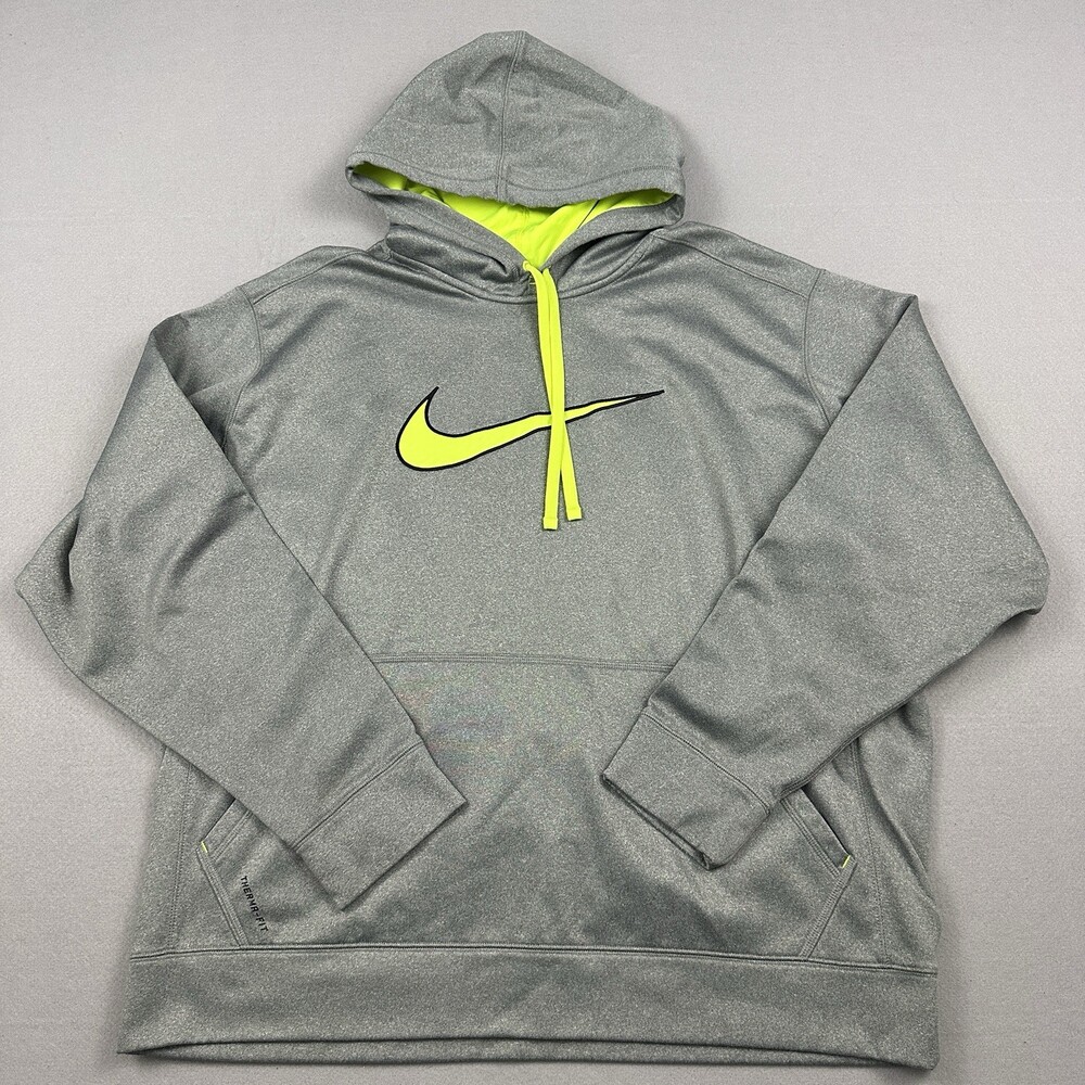 Nike Hoodie Mens 2XL Gray Big Neon Center Swoosh Pullover Therma Fit Pockets XXL
